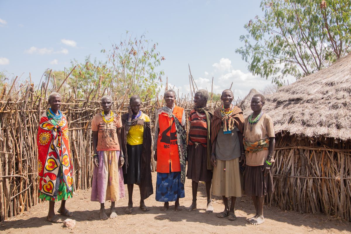 A Maasai community gathered in traditional dress